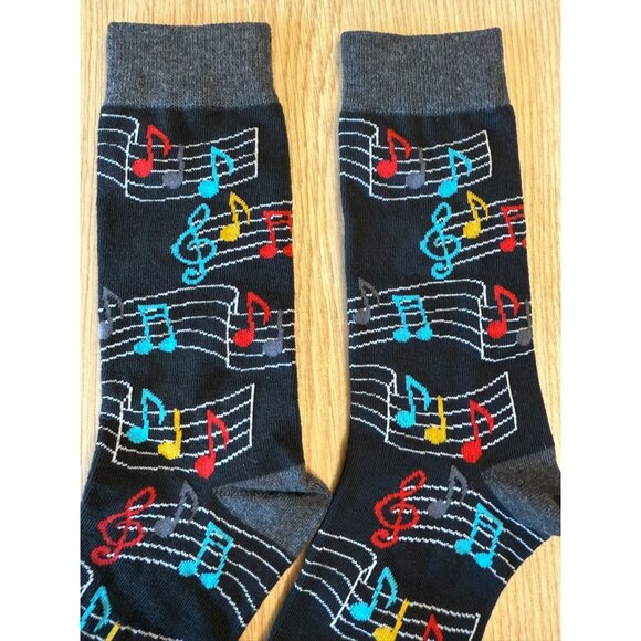 Music Note Patterned Black Socks Colorful Treble Clefs Notes Singer Musician - Picture 2 of 8